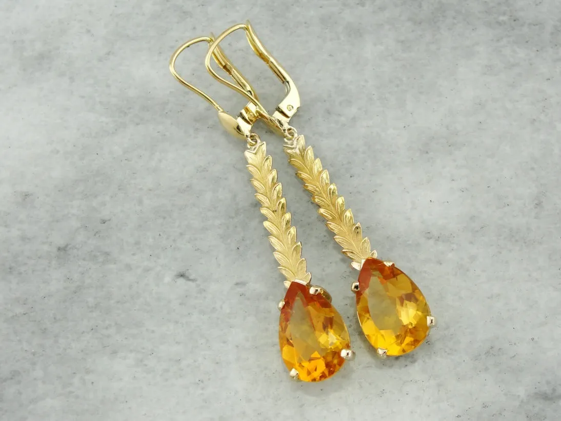 18K Gold Citrine Drop Earrings with Leafy Accents, Long Pear Cut Citrine Earrings