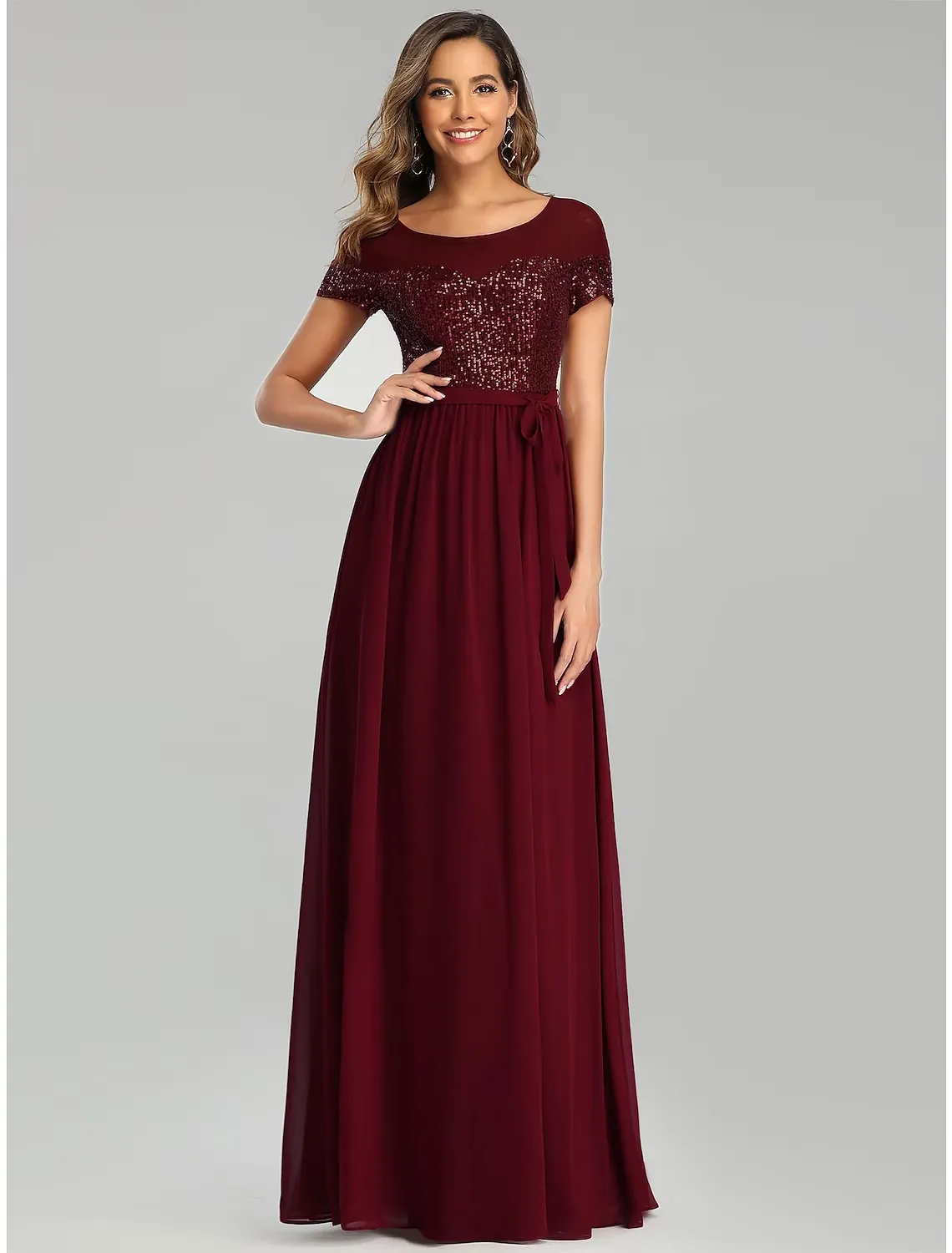 A-Line Bridesmaid Dress Jewel Neck Short Sleeve Elegant Floor Length Chiffon with Sash / Ribbon