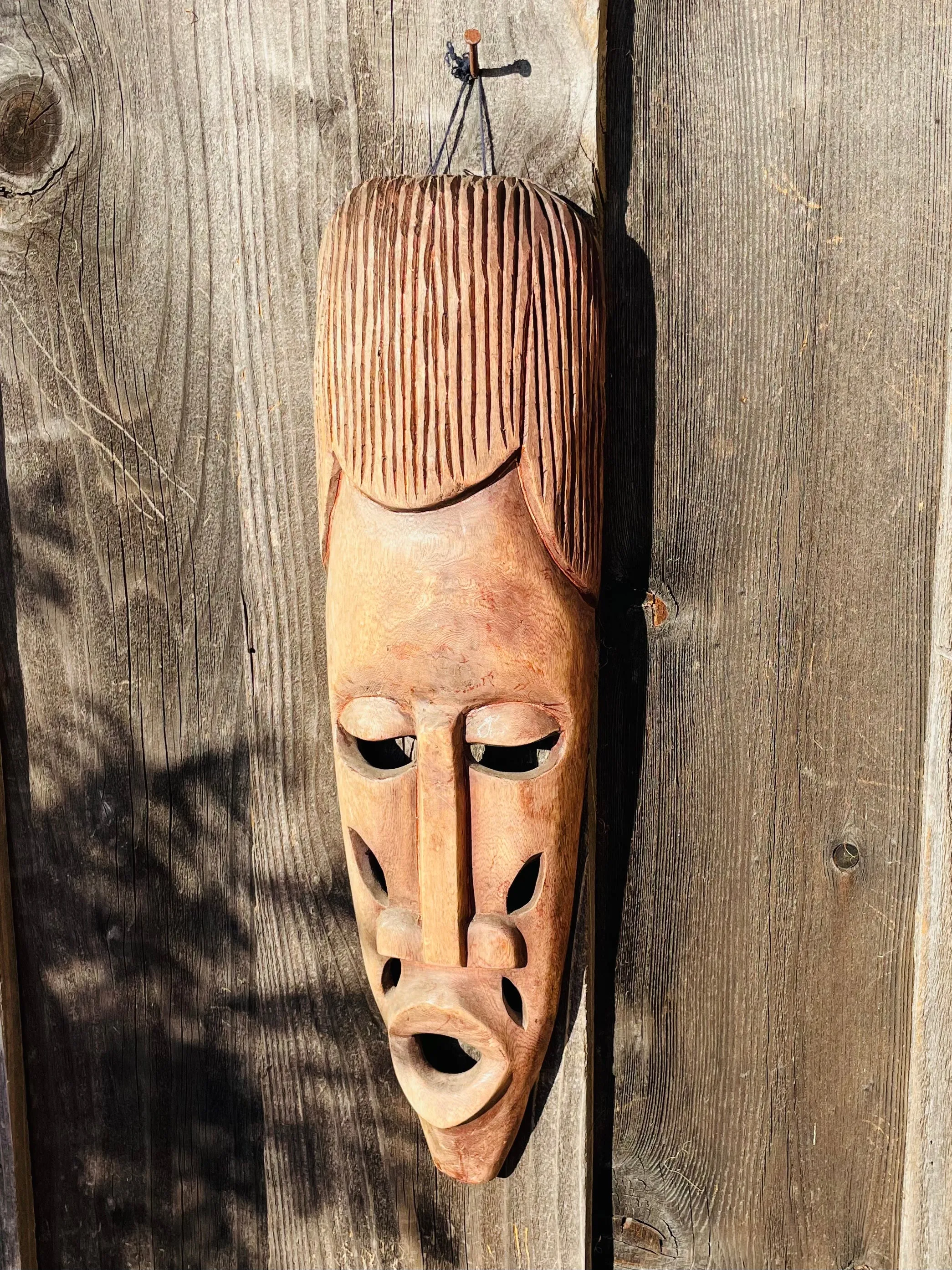 Antique Ethnic Wood Carved Handmade Elongated Wooden Tribal Folk Art Face Mask