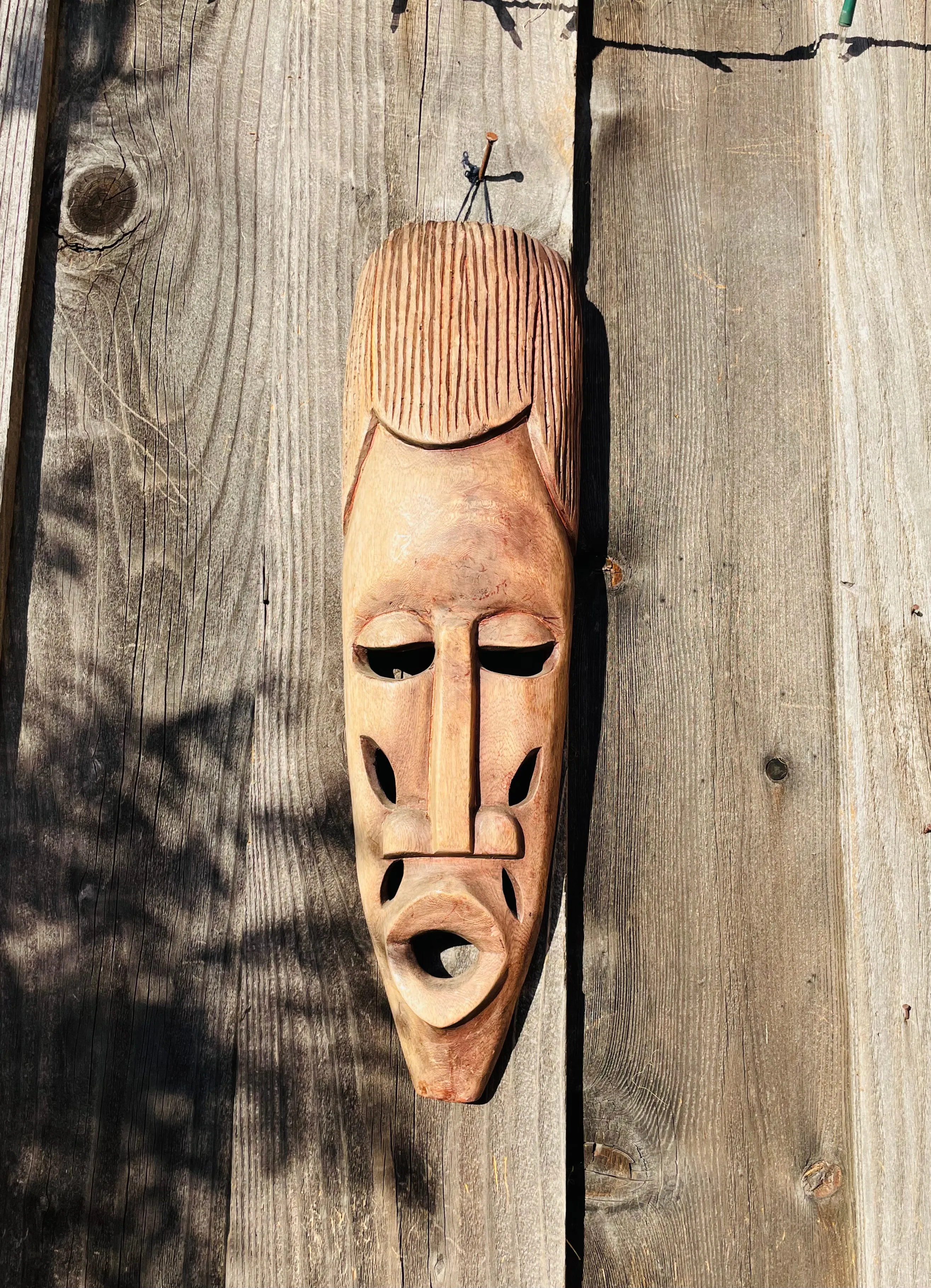 Antique Ethnic Wood Carved Handmade Elongated Wooden Tribal Folk Art Face Mask