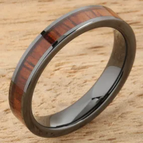 High Tech Black Ceramic Natural Koa Wood Flat Wedding Ring 4mm