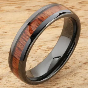 High Tech Black Ceramic Natural Koa Wood Oval Wedding Ring 6mm