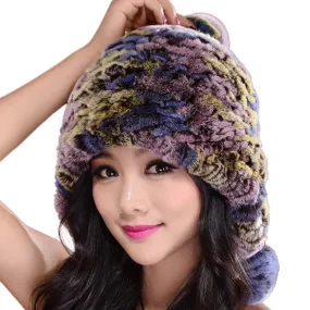 Knitted Real Rabbit Fur Hat Beanie Earmuff Bomber Hat  Women's Winter Hats 14606