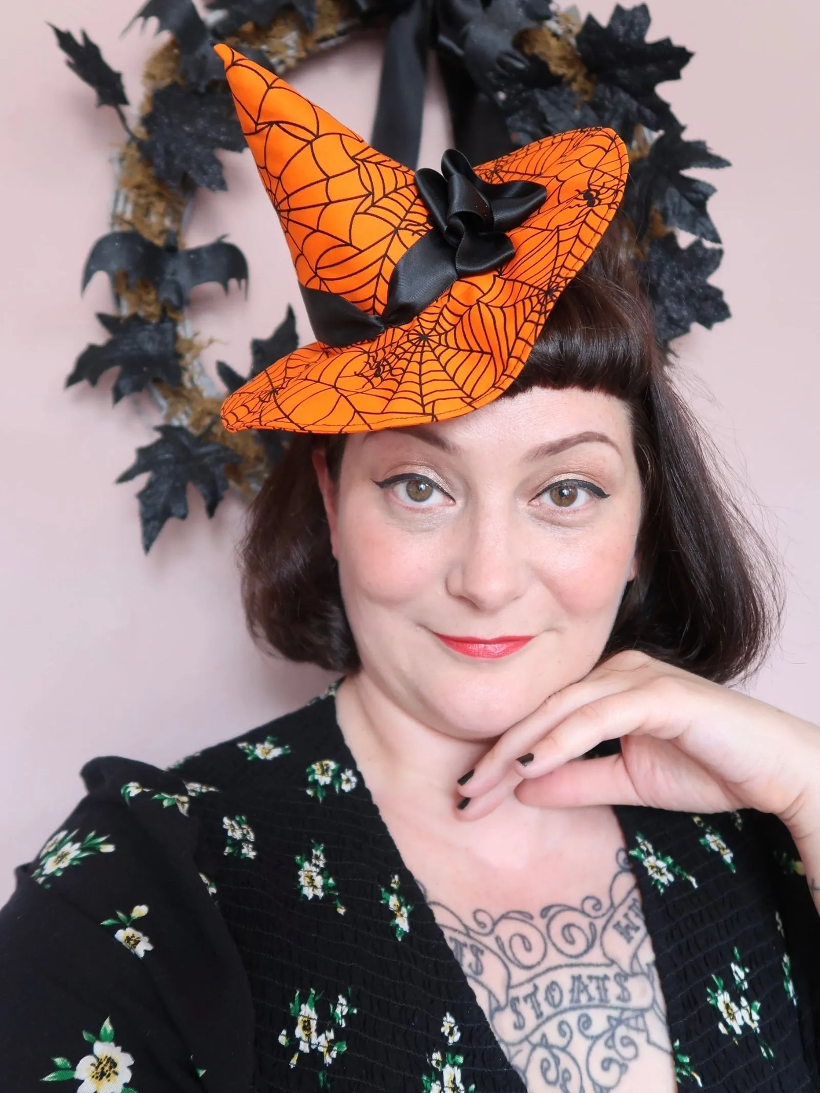 Mini Witch Hat Fascinator (bright orange spiderweb)