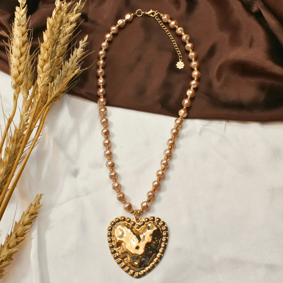 TFC Rose Gold Pearl Bold Mashed Heart Gold Plated Pendant Necklace